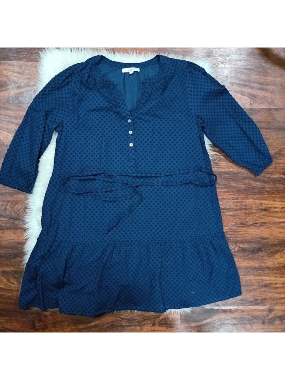 Loft Womens Polka Dot Navy Blue Dress XL Lightweight Cotton 3/4 Sleeve - Picture 2 of 13